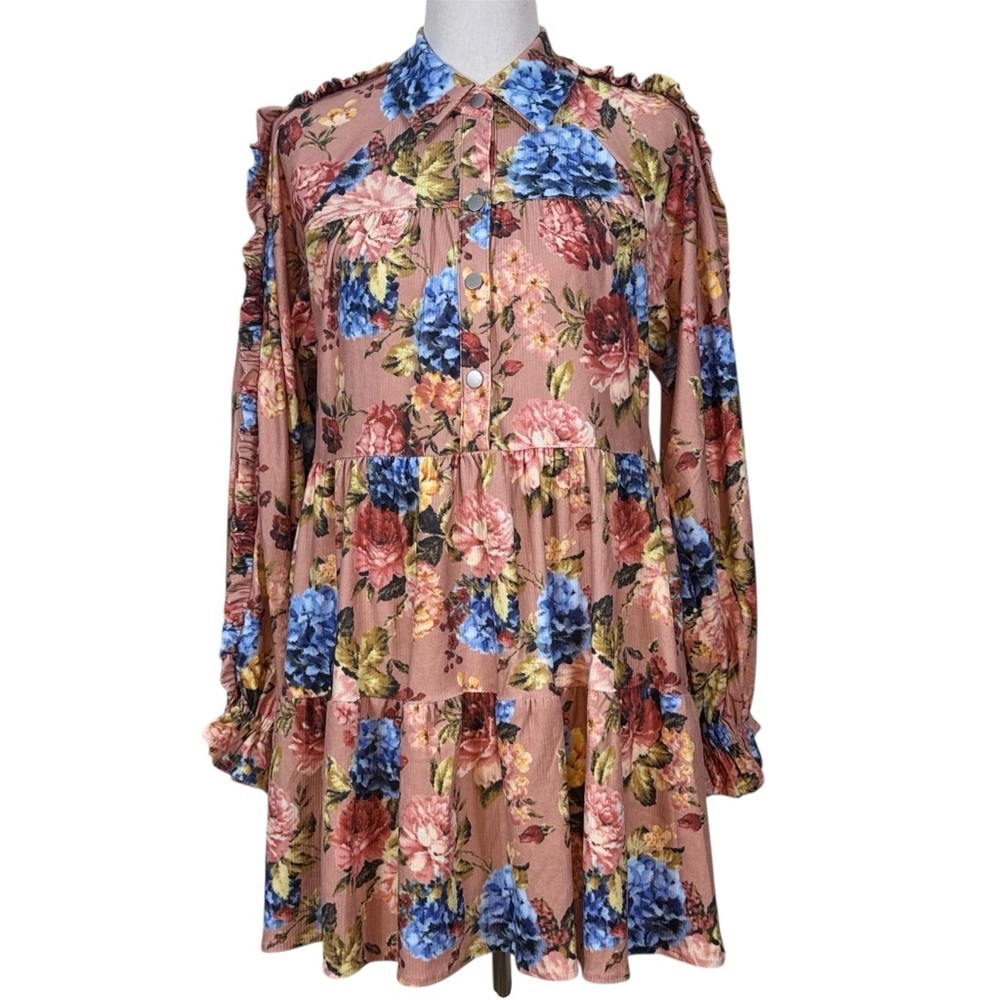 Fantastic Fawn Floral Dress Small Pink Blue Boho Prairie Ruffle Sleeve Tiered Sm